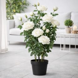 Élethű cserepes selyemvirág rózsabokor fehér 127 cm