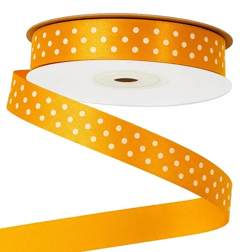 Fehér pöttyös szatén szalag 12mm x 20m - Sötét citromsárga