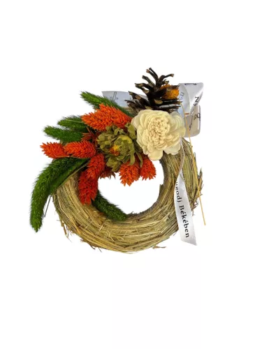 Díszített szalma koszorú szalaggal 10 cm