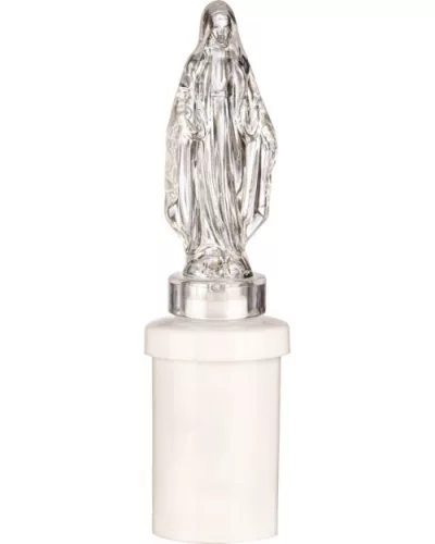 Átlátszó Mária alak    led izzóval,(meleg fényű)  fehér talpon,  2 db R6  AA elemmel , 152 mm 