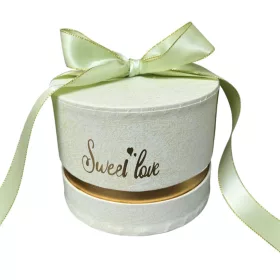   Kerek almazöld papírdoboz szalaggal Sweet love felirattal 12x9 cm