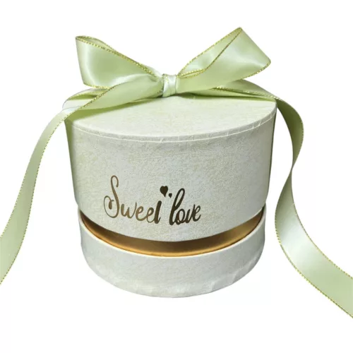 Kerek almazöld papírdoboz szalaggal Sweet love felirattal 12x9 cm