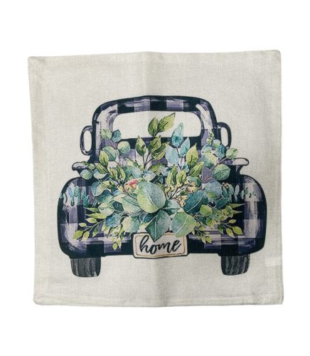 Párnahuzat zsákvászon autós zöld virágos 44 x 44 cm