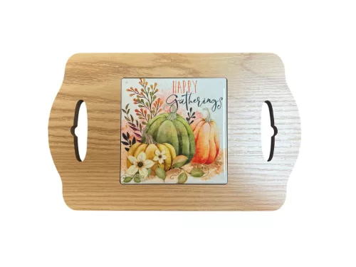Fa alátét őszi mintás kerámia lappal Happy gatherings felirattal 14x22,5 cm 