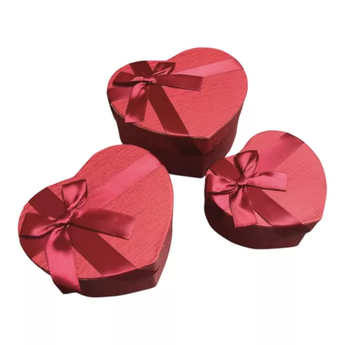 Szív alakú papírdoboz szett piros színben 5x14x7,5, 13x12x6, 11,5x10,5x5 cm 3 darabos kivitelben