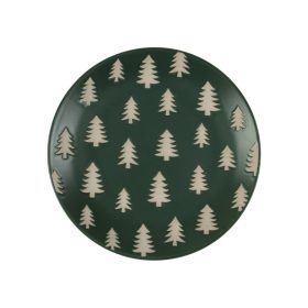   Kerámia tányér sötétzöld alapon krém színű fenyőfákkal 21,5 cm 
