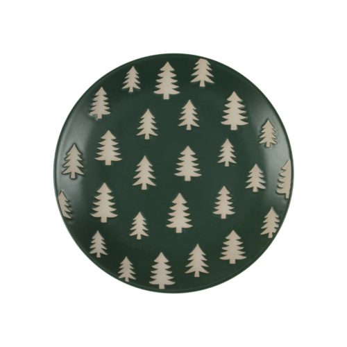 Kerámia tányér sötétzöld alapon krém színű fenyőfákkal 21,5 cm 