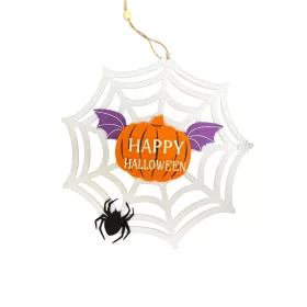   Pókhálós  tök szárnyakkal "Happy Halloween"felirattal dekoráció fehér 22 cm 
