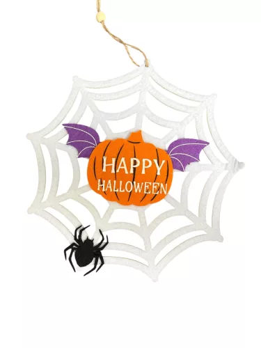 Pókhálós  tök szárnyakkal "Happy Halloween"felirattal dekoráció fehér 22 cm 
