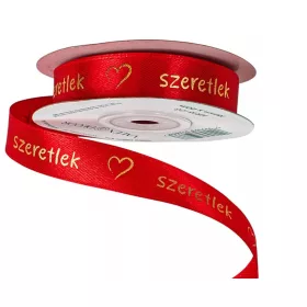   "Szeretlek" arany feliratos, szívecskés szatén szalag 16mm x 20m - Piros