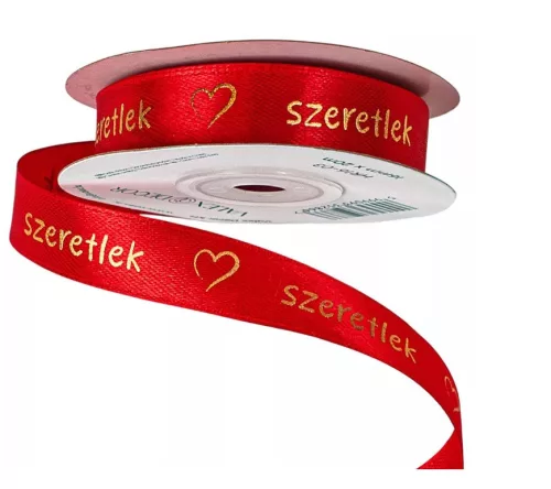 "Szeretlek" arany feliratos, szívecskés szatén szalag 16mm x 20m - Piros