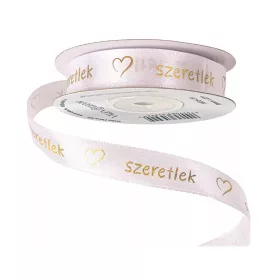   "Szeretlek" arany feliratos, szívecskés szatén szalag 16mm x 20m - Fehér