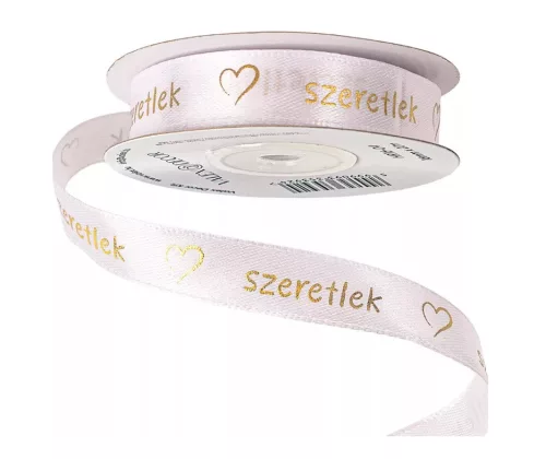 "Szeretlek" arany feliratos, szívecskés szatén szalag 16mm x 20m - Fehér