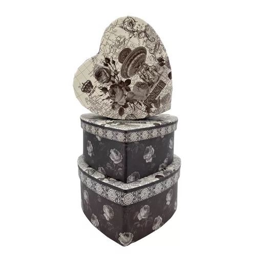 Papírdoboz szett szív alakú 3db fekete fehér vintage mintás 15x14cm