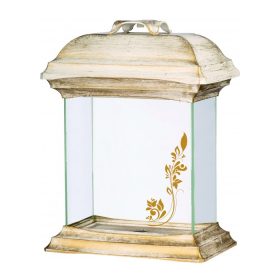   Műanyag fehér antik tetjű és talpú, átlátszó műanyag hasáb mécses, fesett virág díszítéssel, betét nélkül 255 mm