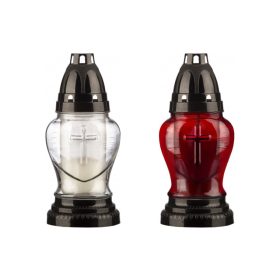    Műanyag fekete tetejű és talpú szív alakú üvegmécses kereszt mintával átlátszó vagy piros/db 185mm