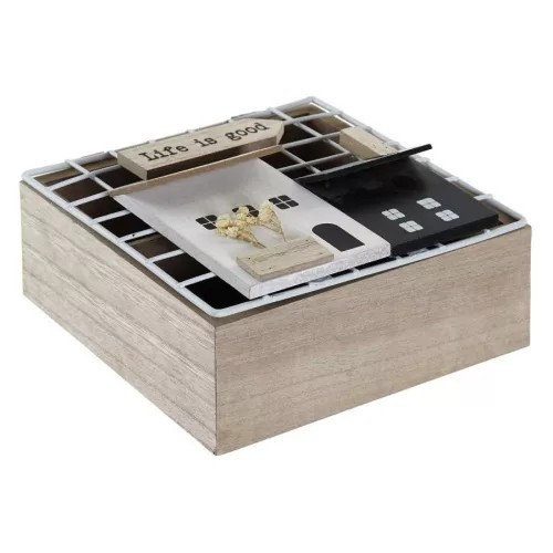 Doboz teás fa fém 16x16x9cm Házak természetes