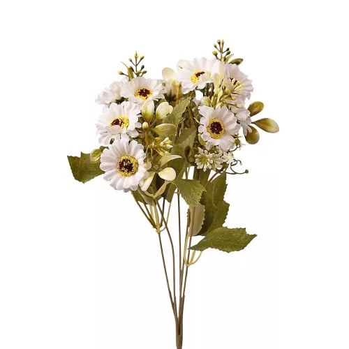 Százszorszép selyemvirág csokor, 5 ágú, 31cm magas - Fehér