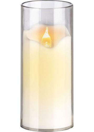 Elektromos LED-es gyertya ,ÁTTETSZŐ HENGERBEN elemmel  ( 2 db  /AA  ) mag:150mm,

