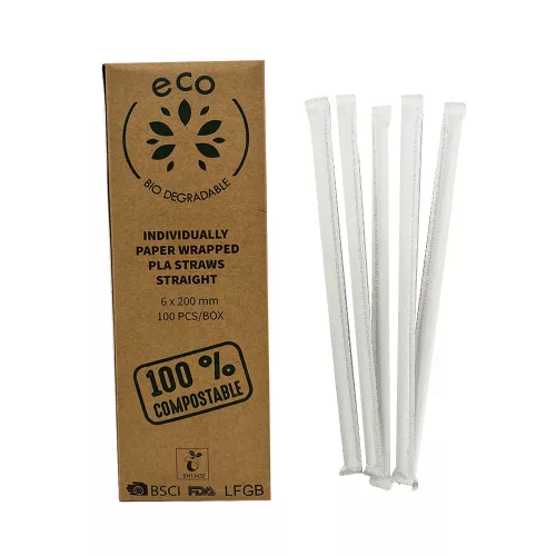 Szívószál 6x200mm Egyenes,egyedi csomagolású 100db/cs  100% lebomló