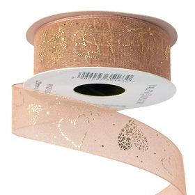   Arany szívecske mintás organza szalag 25mm x 10m - Púder Bézs