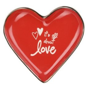   Szív alakú tányér – „It’s all about love” fehér felirattal piros alapon