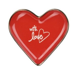   Szív alakú tányér – „With love” fehér  felirattal piros alapon