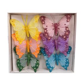   Csipeszes pillangó 6db-os csillámos,gyöngyös hullámos szélű 7x7 cm