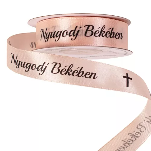 „Nyugodj Békében” feliratos szatén gyászszalag 20 mm × 20 m – pezsgő