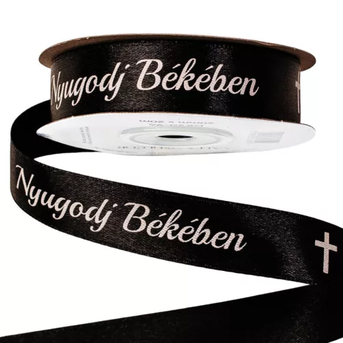 Nyugodj Békében feliratos szatén gyász szalag 20mm x 20m - Fekete