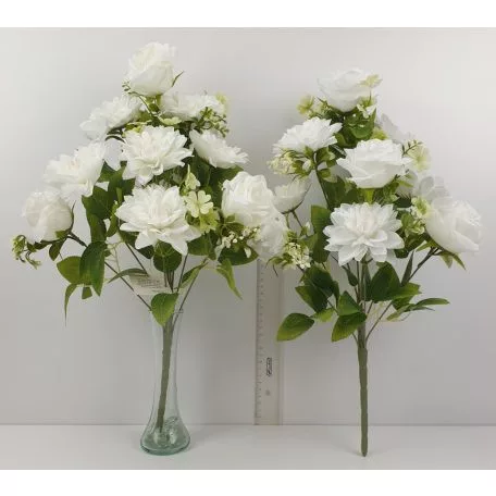 Selyem rózsa/dália csokor 9 ágú féloldalas fehér-krém 49cm