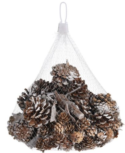 Havas hatású tobozok és fakéreg dekorációs zsákban