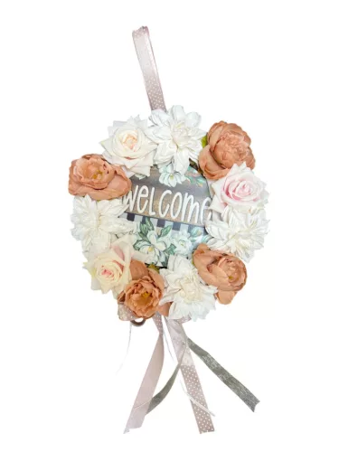 Tavaszi kopogtató élethű selyemvirággal, welcome felirattal bézs szín 20cm