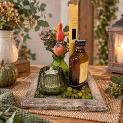   Őszi illatos dekorációs tálca Ginger Tonic lakásillatosítóval és virágdísszel